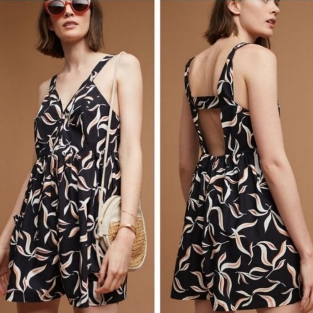 NWT Anthro Hei‎ Hei Black Palma Tropical Open Back Cotton Oversized Romper S